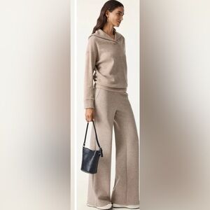 OGL 2Pcs Set Double Waistband Straight Pants & V-Neck Batwing Sleeve Pullover